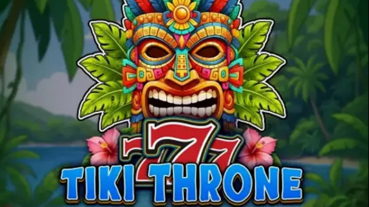 Tampilan visual slot 777 – Tiki Throne dengan latar belakang pulau tropis dan simbol buah klasik.