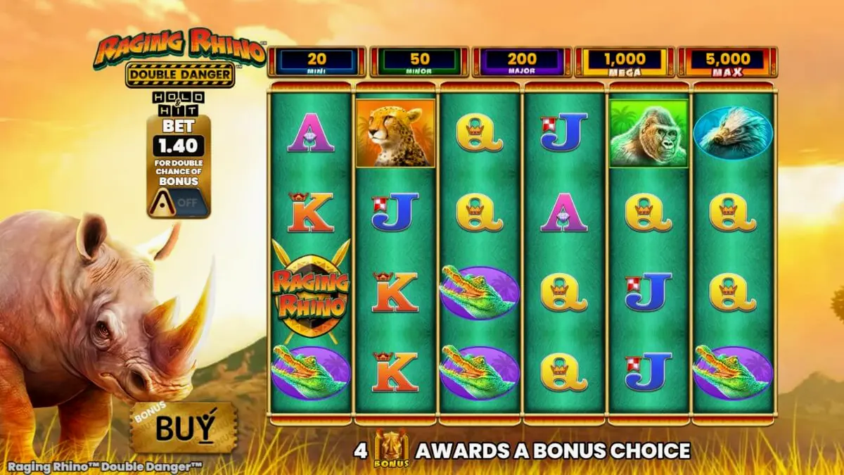 Pemandangan sabana Afrika yang megah di latar belakang slot Raging Rhino Double Danger