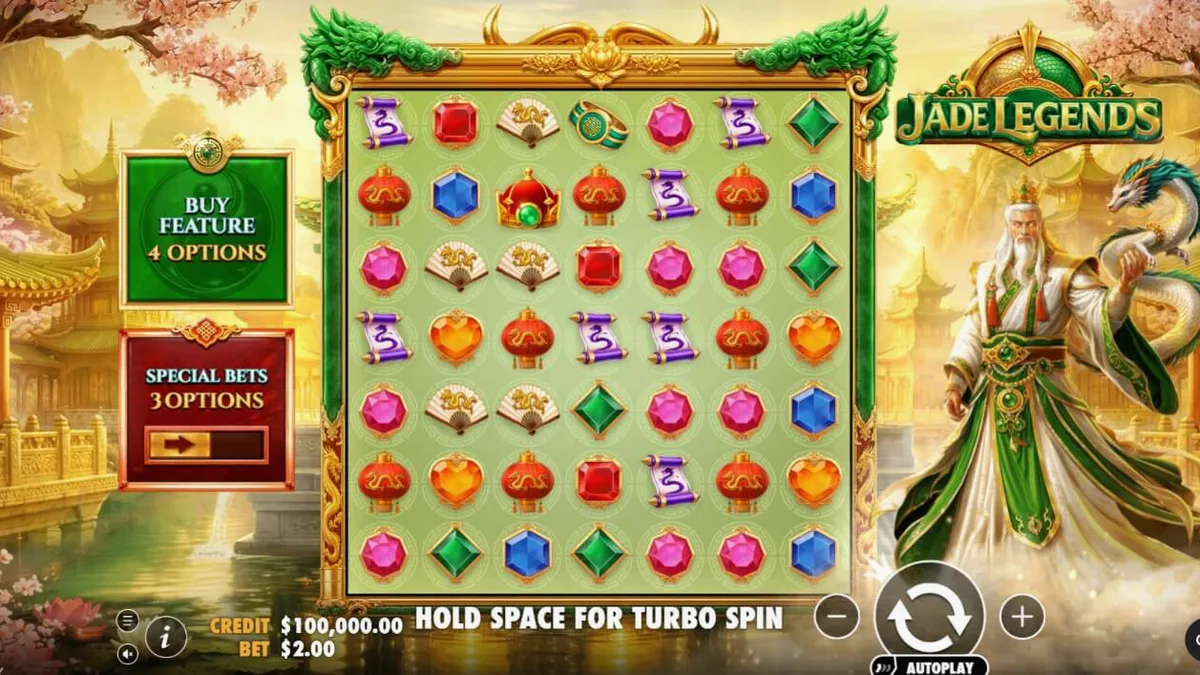 Tampilan grid 7x7 pada slot Jade Legends dengan tema naga dan permata